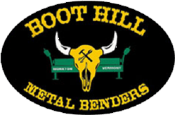 Boot Hill Metal Benders logo. Black oval with gold text, a yellow skull with tools, and a green bench. Located in Vermont.