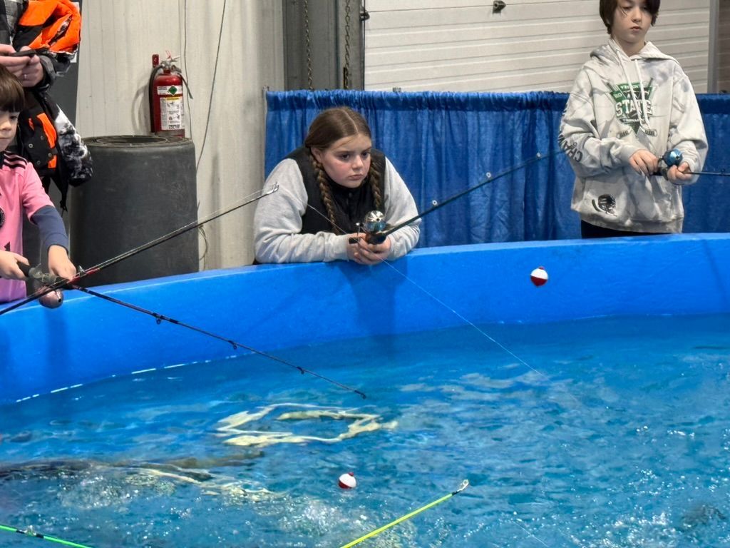 Children fishing in a small blue pool; rods cast, focused expressions. Indoor setting, blue curtain backdrop.