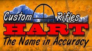 Logo for Hart Custom Rifles featuring crosshairs, mountains, and the text 