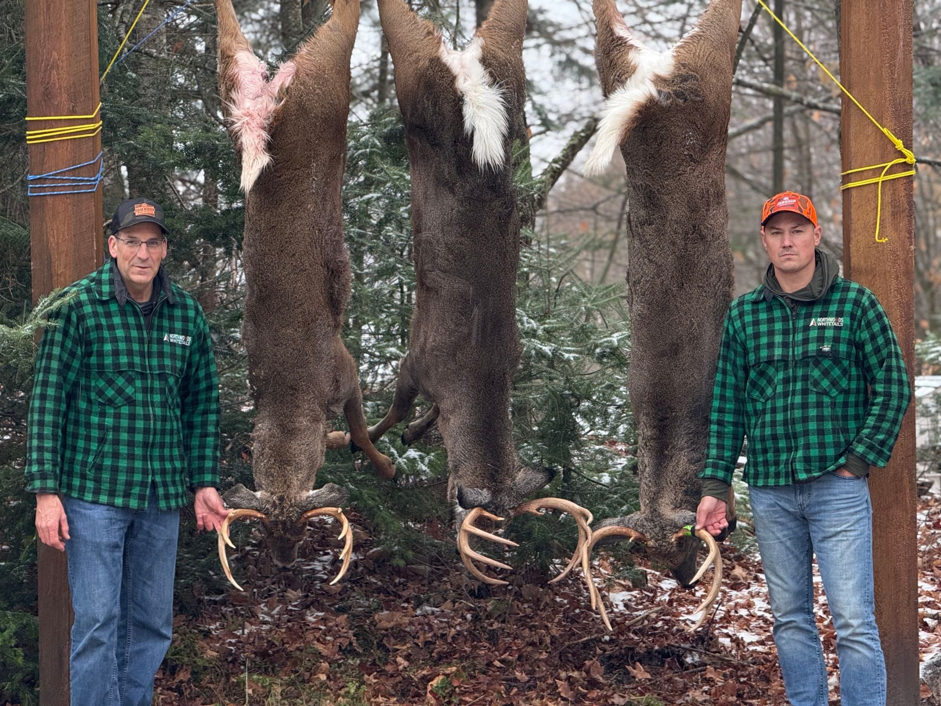 Two men stand next to three hanging deer carcasses. They wear plaid shirts and jeans; a forest backdrop is behind them.