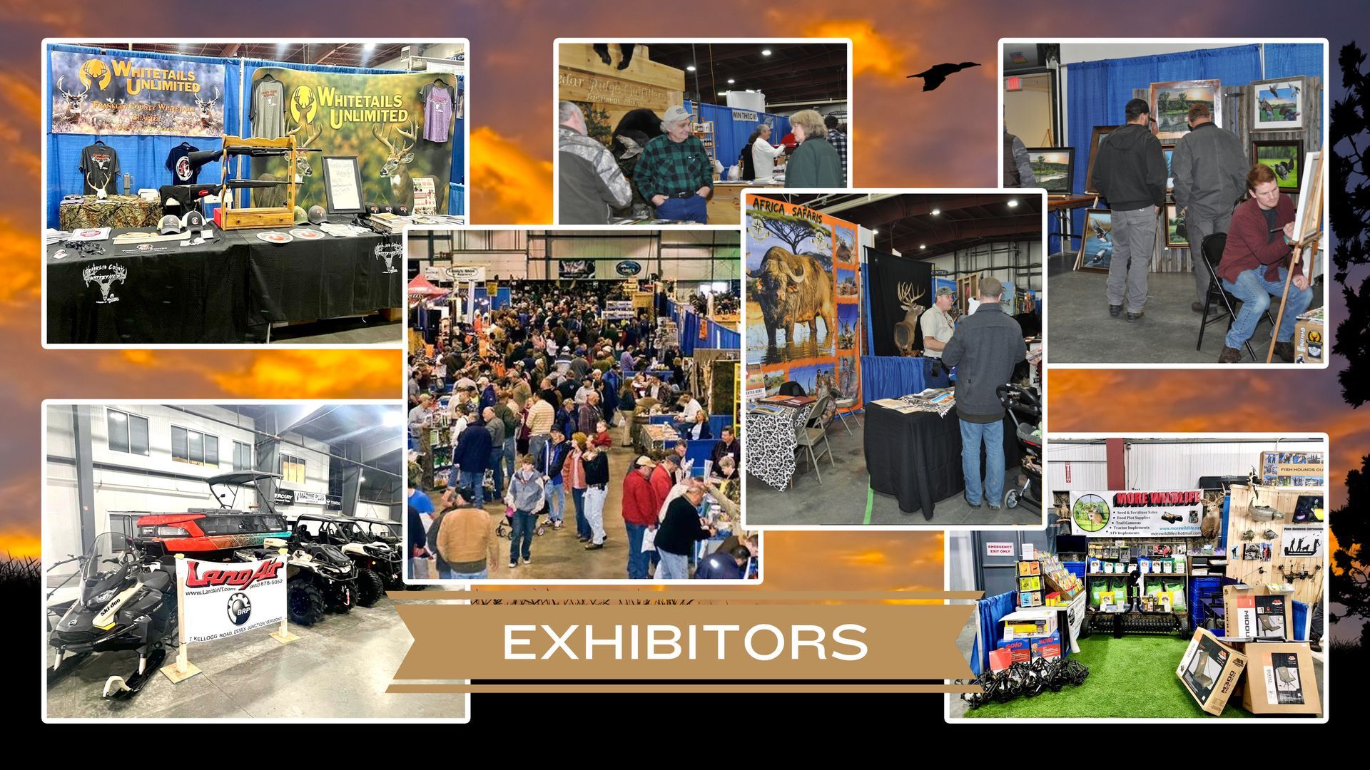 A collage of photos of people at a convention.