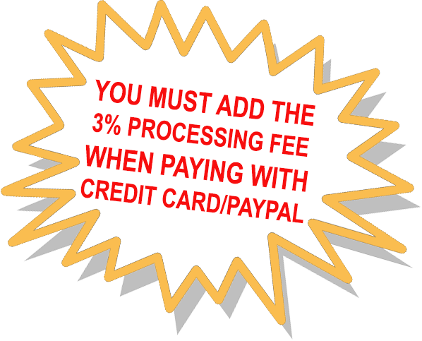 A sign that says you must add the 3% processing fee when paying with credit card / paypal