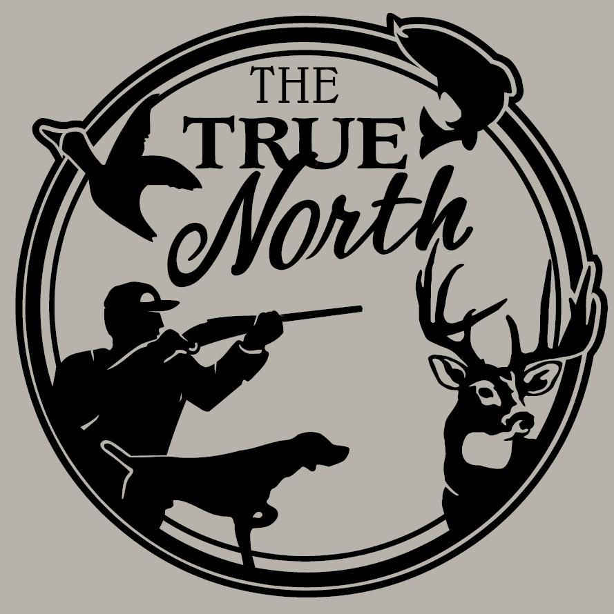 Logo: Hunter with dog, deer, fish, and duck within a circle, 
