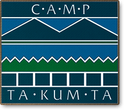 Camp Takumta logo: dark blue and green with mountain/water design;