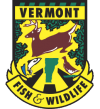 Vermont Fish & Wildlife logo: Deer, fish, and bird within a shield, yellow border with