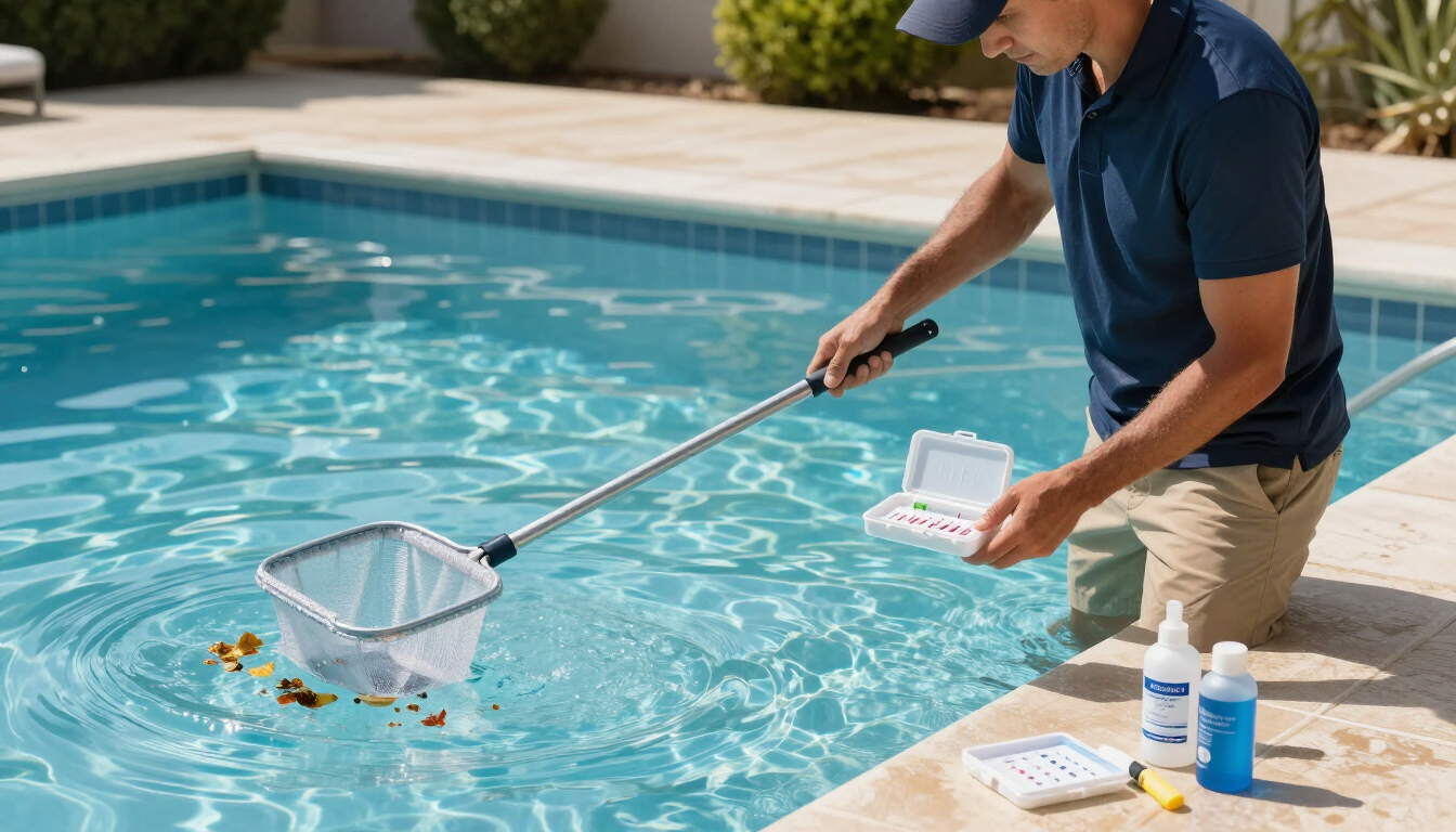 Técnico realizando mantenimiento profesional de piscina