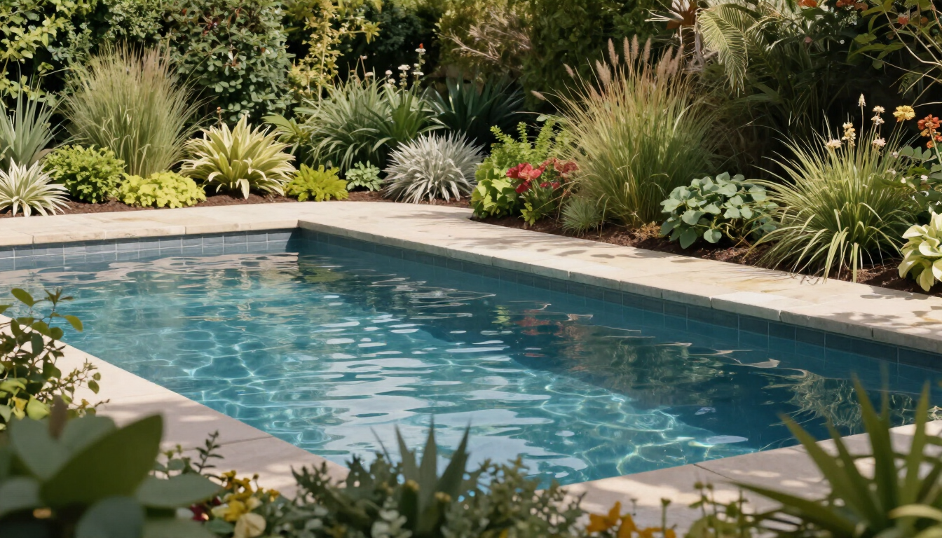Piscina integrada a jardín con parquización nativa