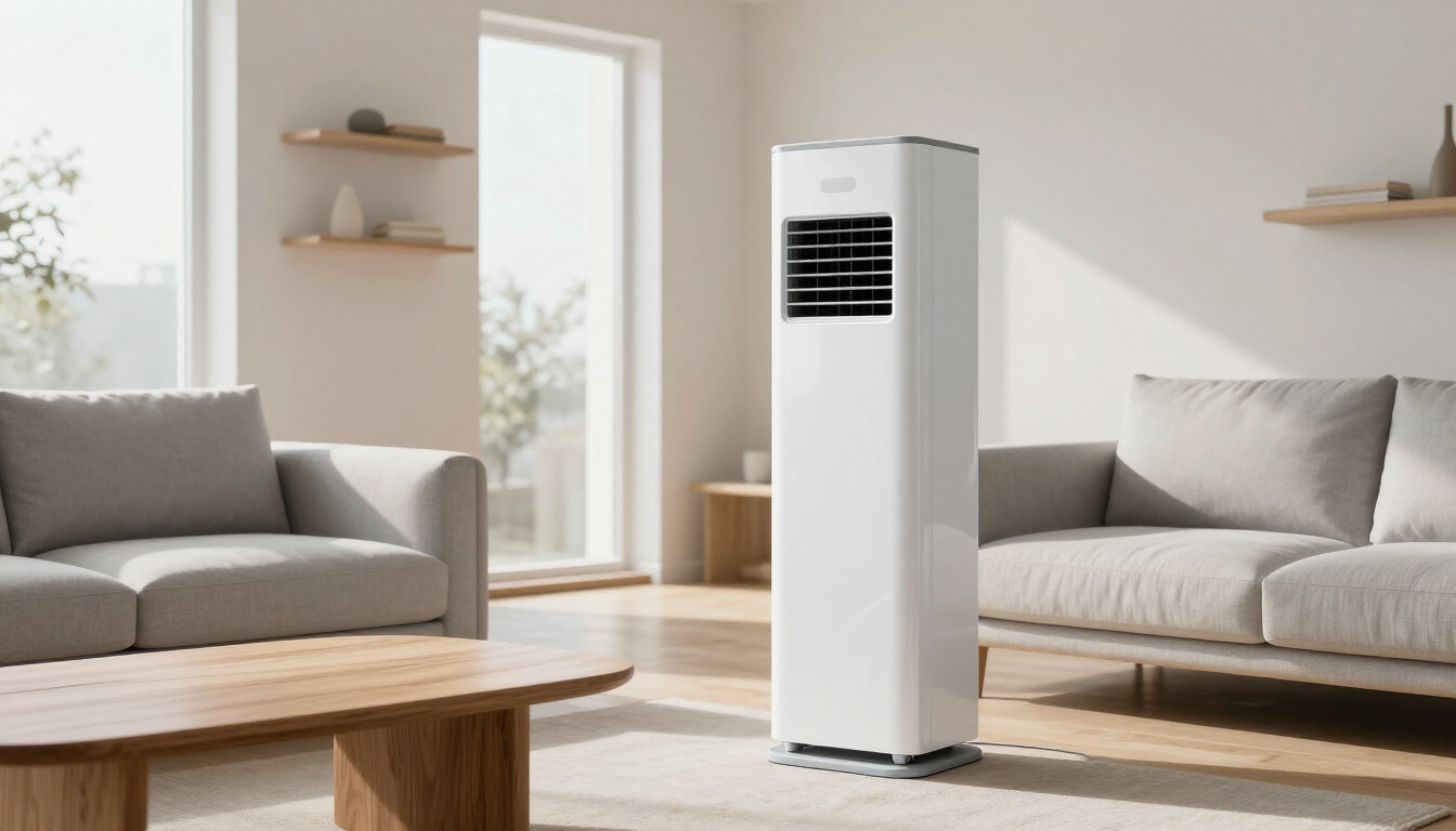 Moderne mobiele airco in een lichte woonkamer.