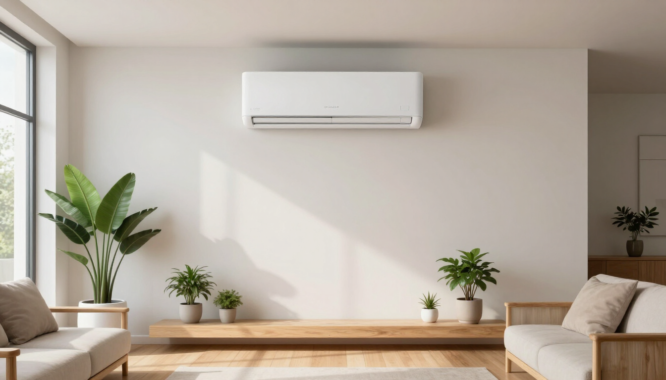 Een moderne monoblock airconditioning aan een wand in een lichte woonkamer.
