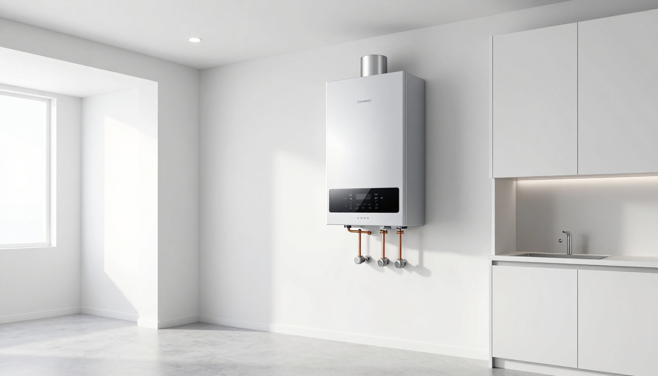 Een modern geïnstalleerde warmtepompboiler in een bijkeuken.