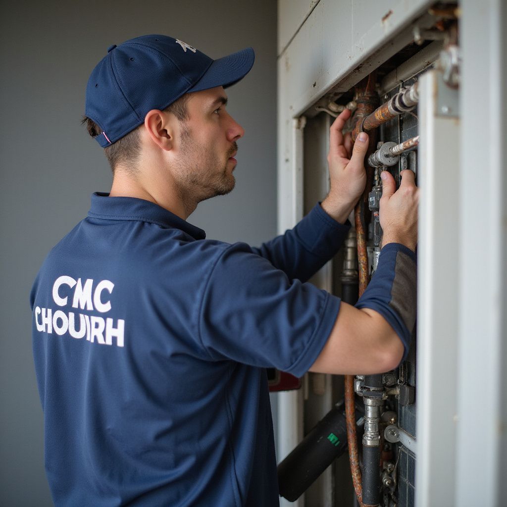 Een HVAC-technicus met een blauwe pet en shirt repareert apparatuur; leidingen zijn zichtbaar. Binnen.
