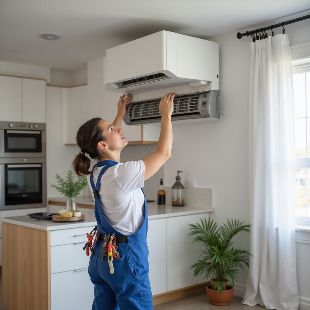 Vrouw in blauwe overall inspecteert een airconditioningunit in een keuken; ze kijkt omhoog en heeft haar armen geheven.