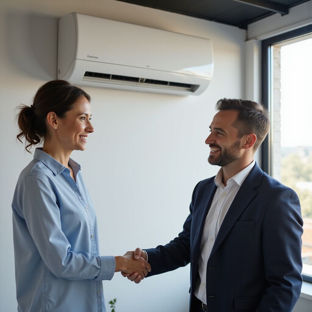 Een vrouw en een man schudden elkaar de hand voor een airconditioner. Ze glimlachen in een kantooromgeving.
