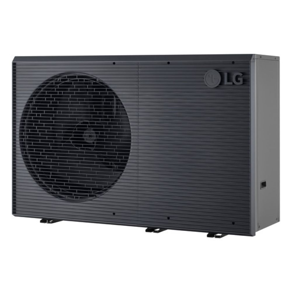 LG buitenunit voor airconditioning, grijze metalen behuizing met groot ventilatorrooster.