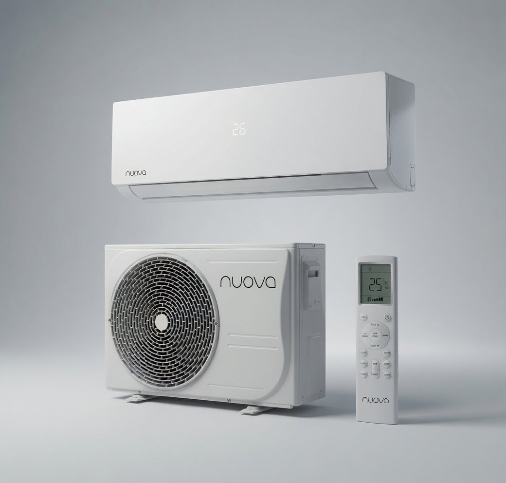 Witte wandgemonteerde airconditioner, buitenunit (compressor) en afstandsbediening op een grijze achtergrond.