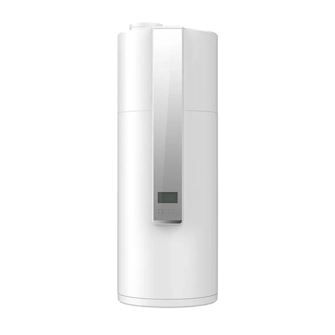 Witte cilindrische waterverwarmer met een zilverkleurig frontpaneel en een klein display.