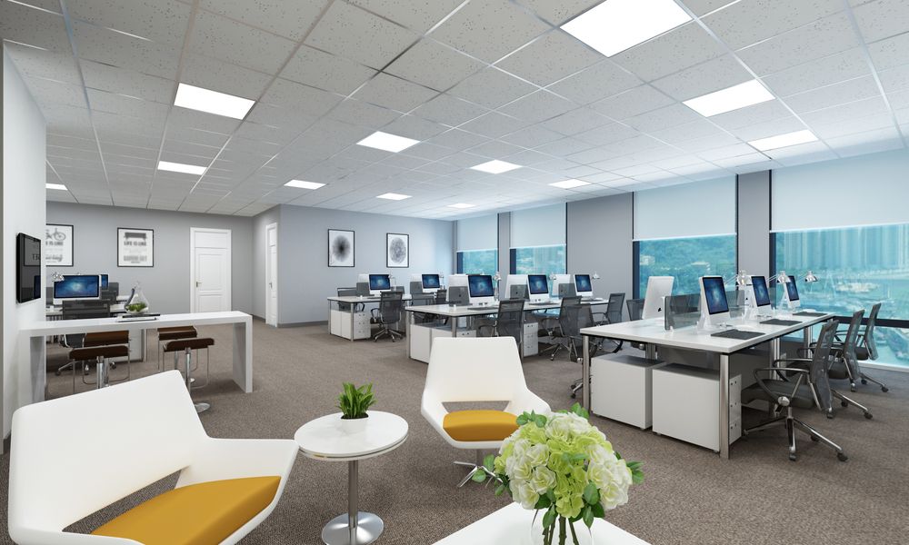 An Artist 's Impression Of An Office With A Lot Of Desks And Chairs — D-stress Computers In Idalia, QLD