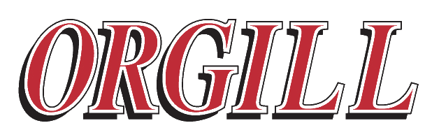 Stylized red-and-white “ORGILL” logo on a white background