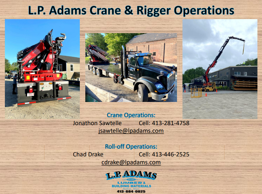L.P. Adams Crane & Rigger Operations ad with red crane truck, blue truck, and crane lift scene