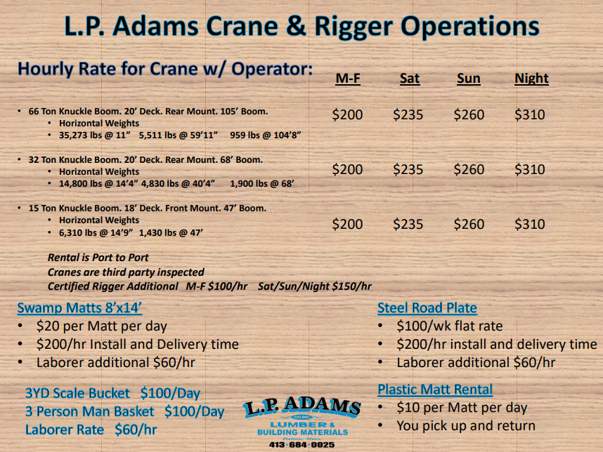 L.P. Adams Crane & Rigger Operations hourly crane rate sheet with blue and black pricing details
