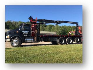Black flatbed truck with a red crane parked on grass under a clear blue sky
