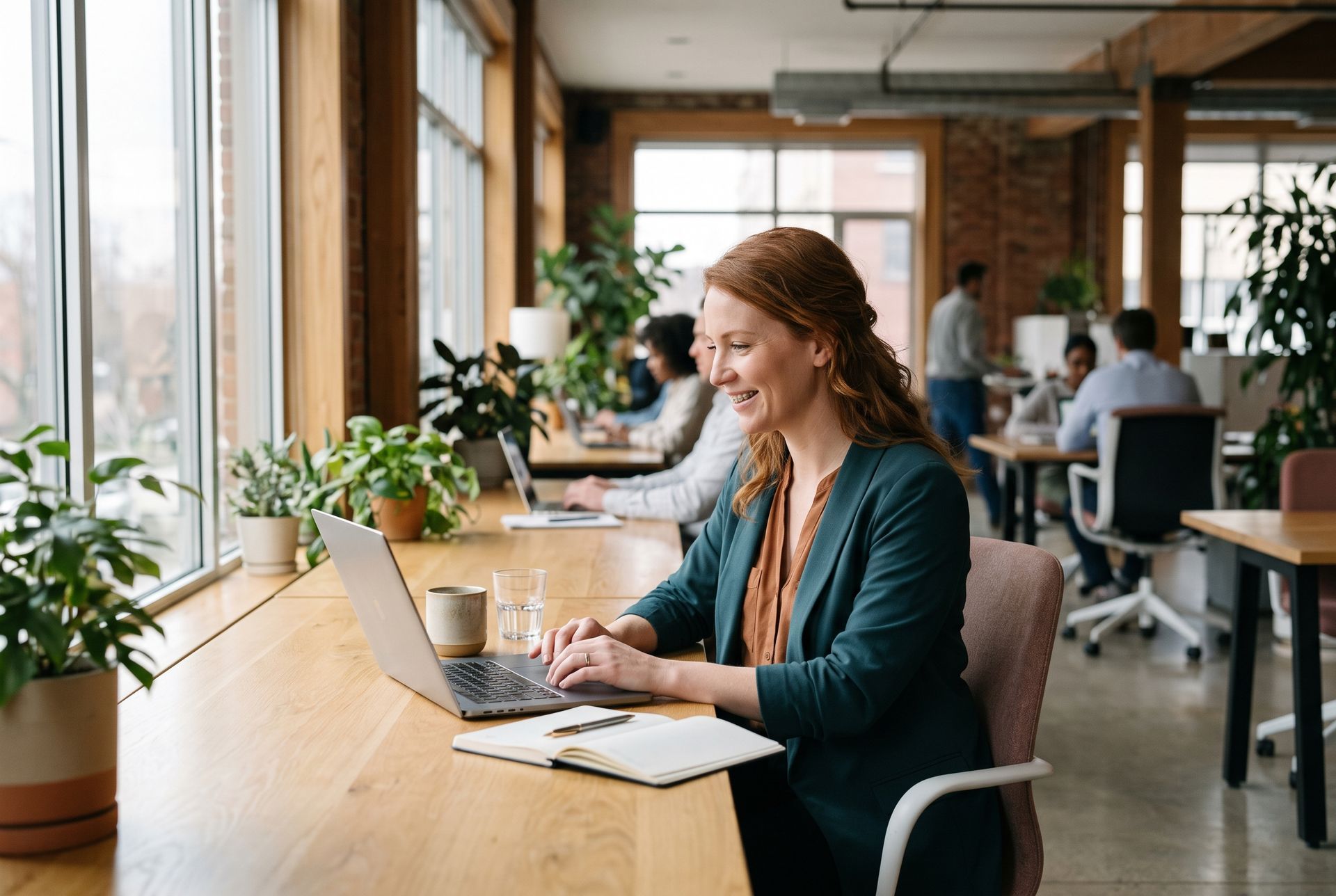 Person working on a laptop at a wooden table in a bright, modern office with plants and coworkers nearby