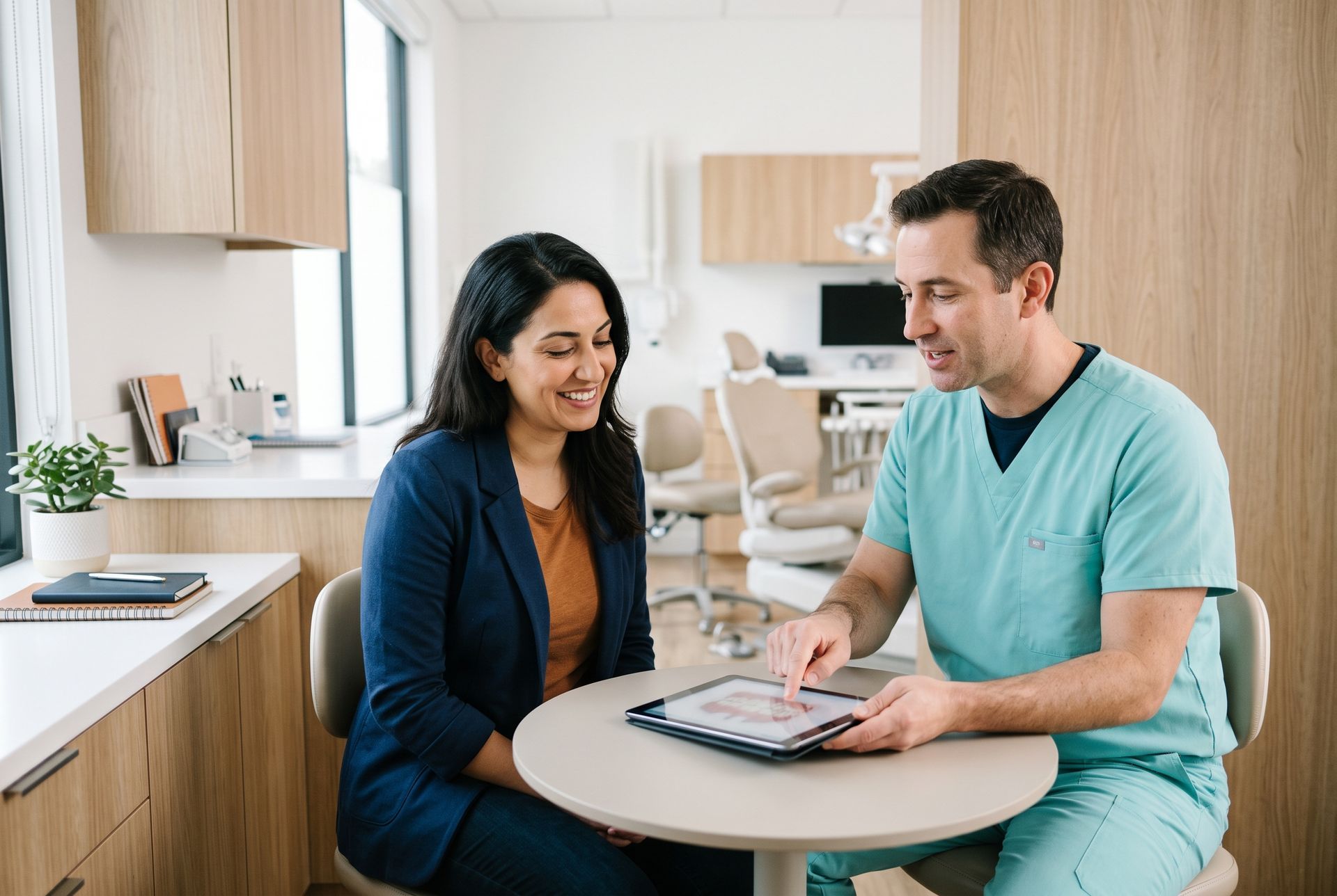 Two people reviewing a tablet at a kitchen table in a bright modern kitchen