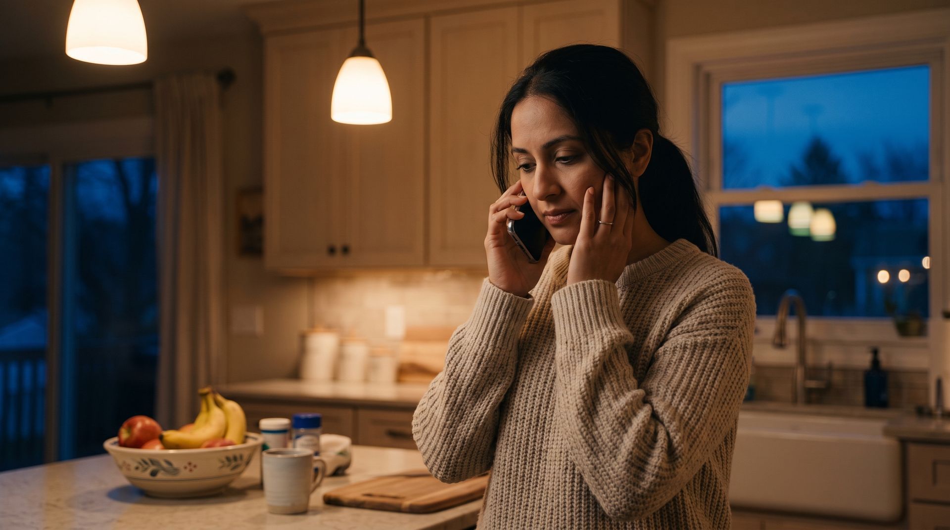 Woman on a phone call in a warm kitchen, looking worried and holding her face.