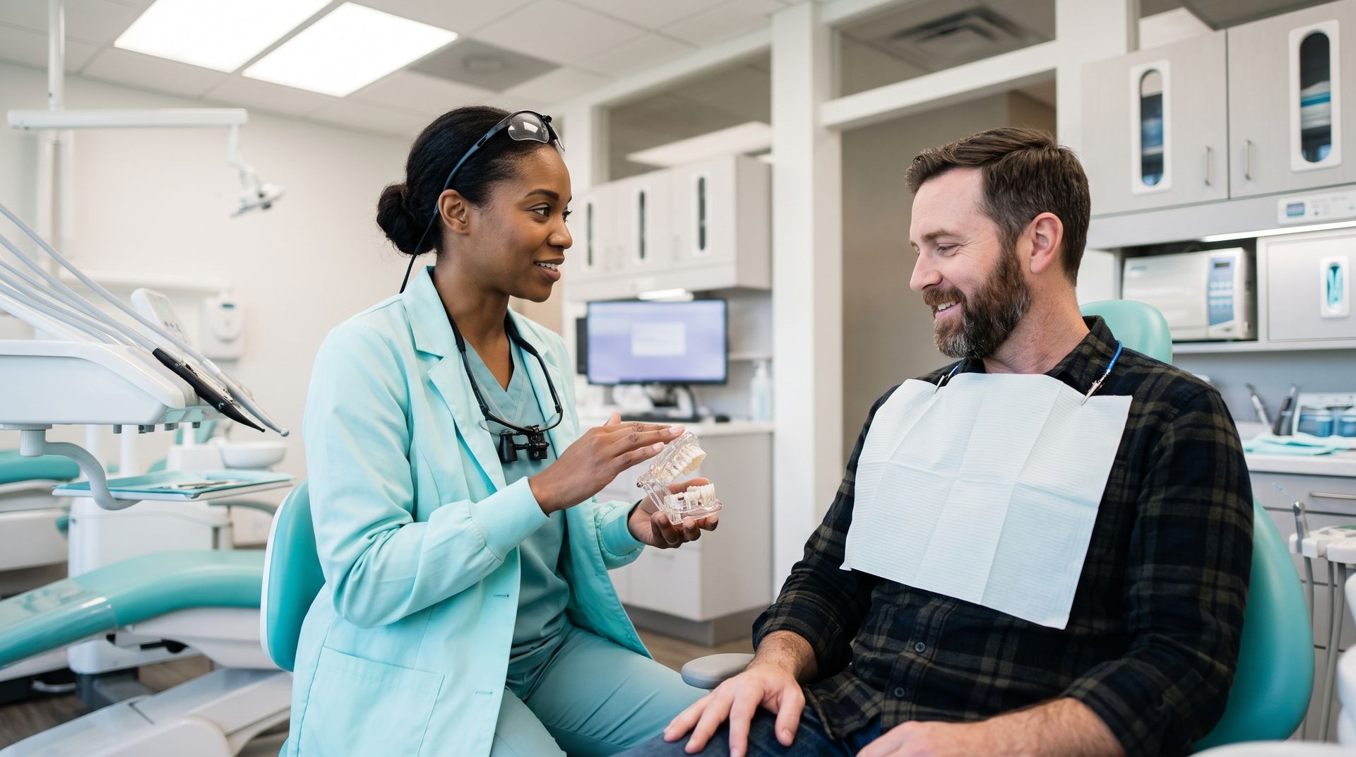 Dentist talking with a smiling patient in a dental clinic, with a bib and treatment chair visible