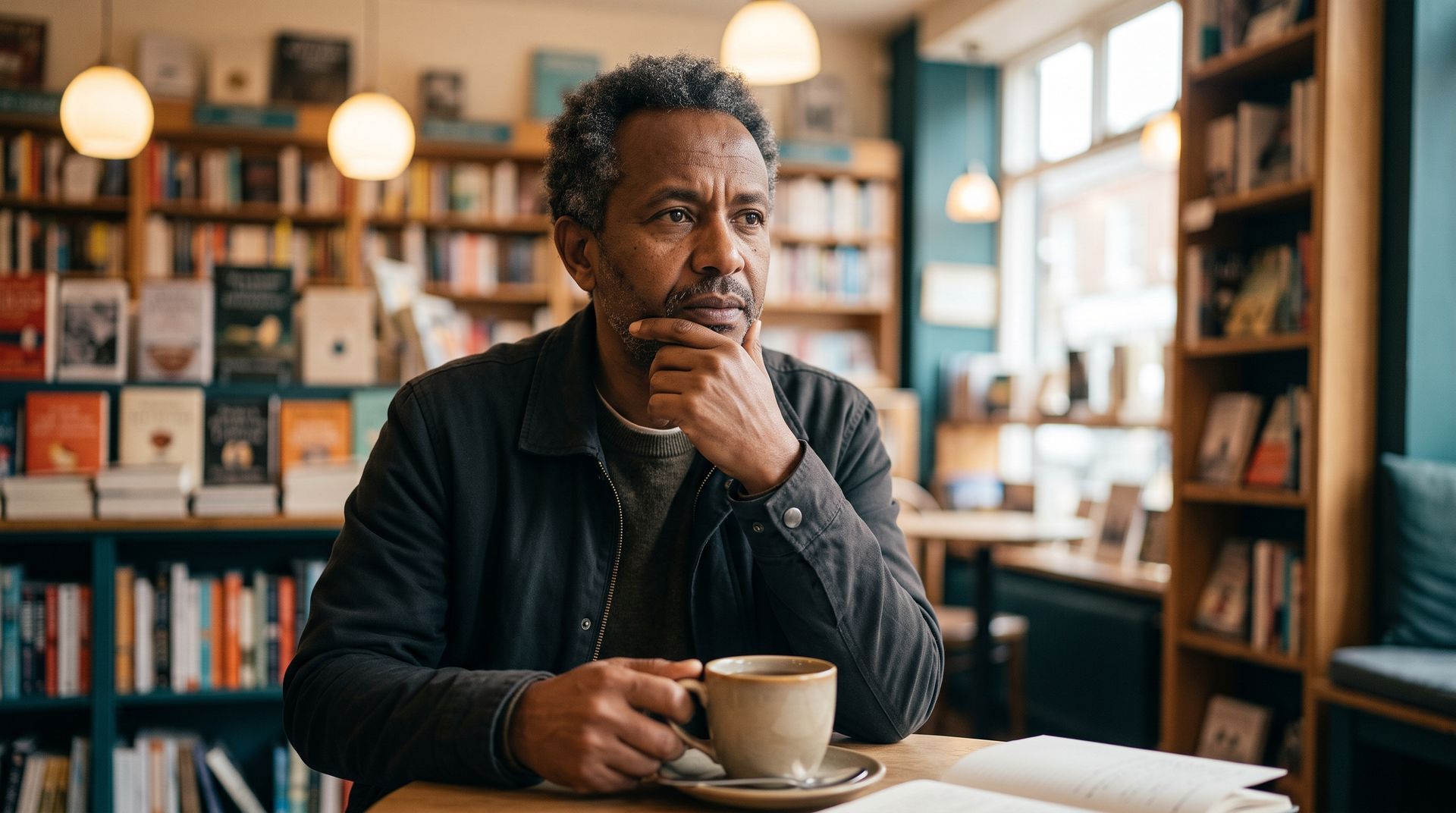 Man sitting in a cozy bookstore cafe, resting his chin on his hand beside a cup of coffee.
