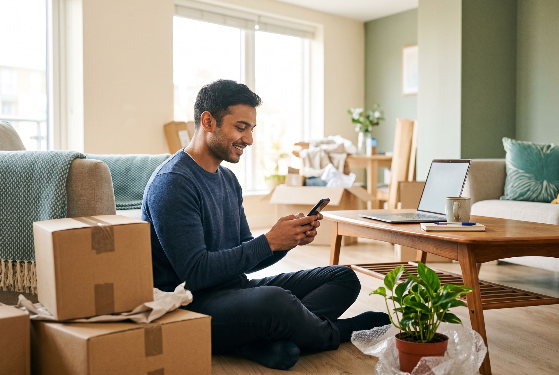 Person sitting on the floor using a smartphone in a bright living room with moving boxes and a laptop on a table