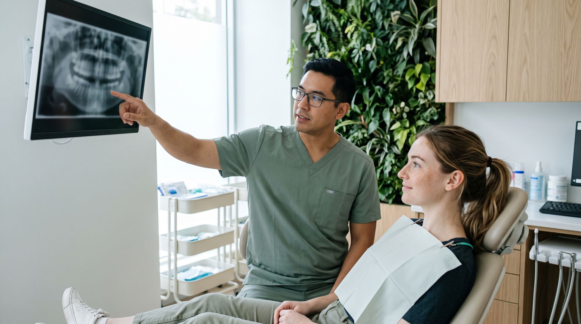 Dentist pointing at dental X-ray while discussing treatment with seated patient in a clinic