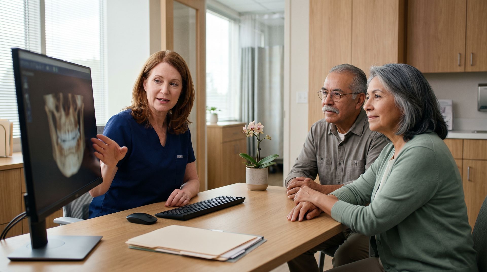 Dental consultation with a clinician showing a jaw scan on a monitor to two seated patients in a bright office