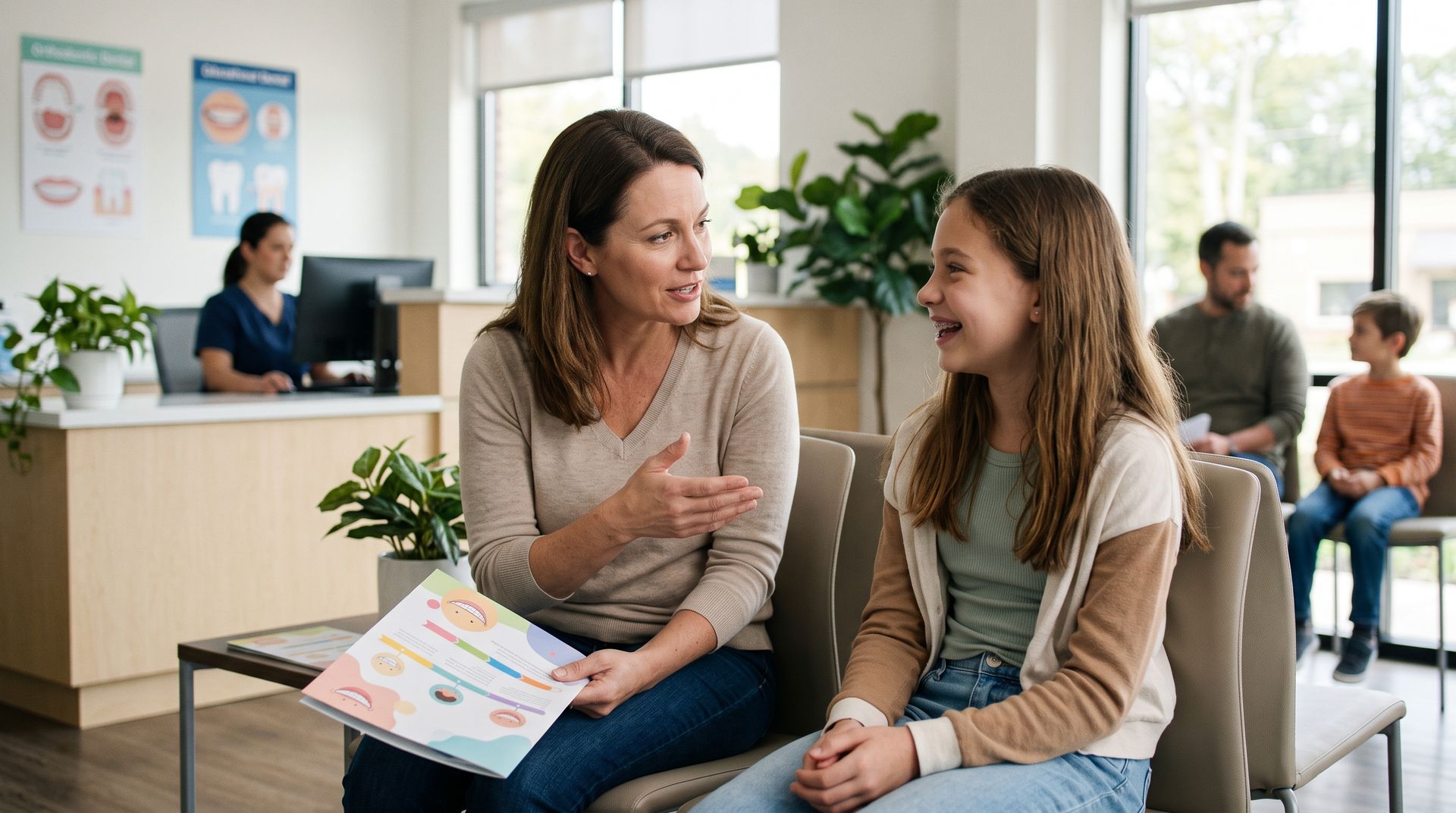 Woman and girl smiling and talking in a clinic waiting room, with brochures and seated people in the background