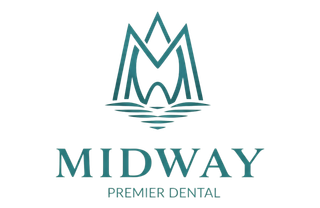 Midway Premier Dental logo in teal with stylized M emblem and text on white background
