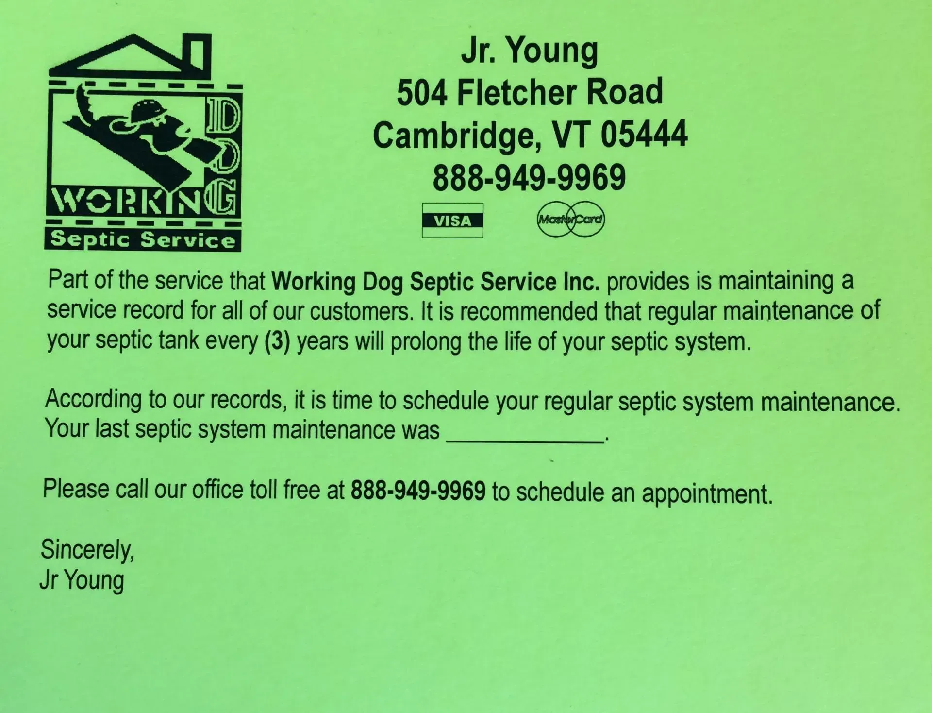Green service notice from Working Service with contact info and regular maintenance reminder