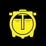 Yellow stylized clock face logo on a black background with a central “T” shape and small square accents