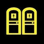 Two yellow restroom door icons on a black background, each showing a person symbol in the upper panel