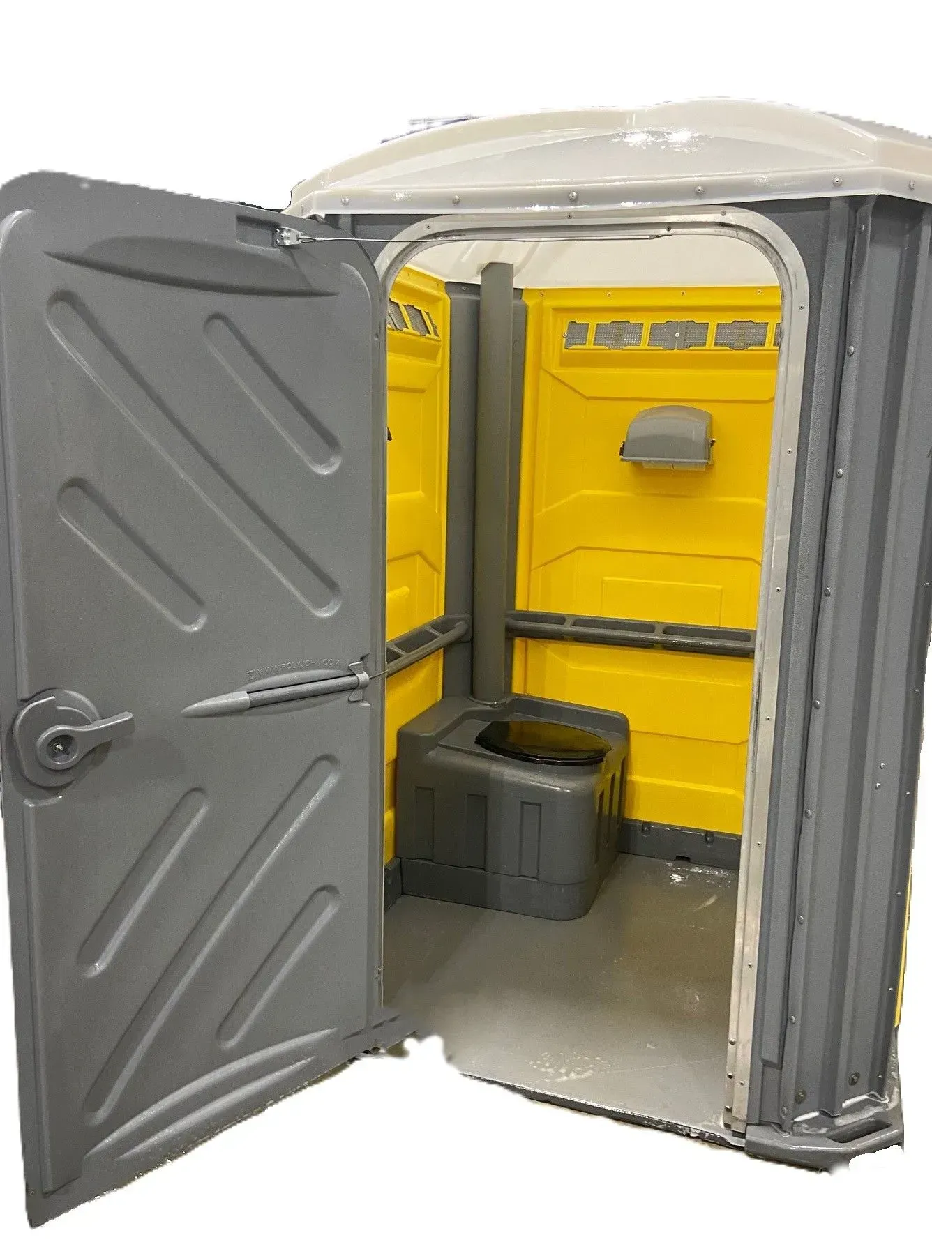 Open portable toilet with gray door and bright yellow interior, showing a toilet bin inside.