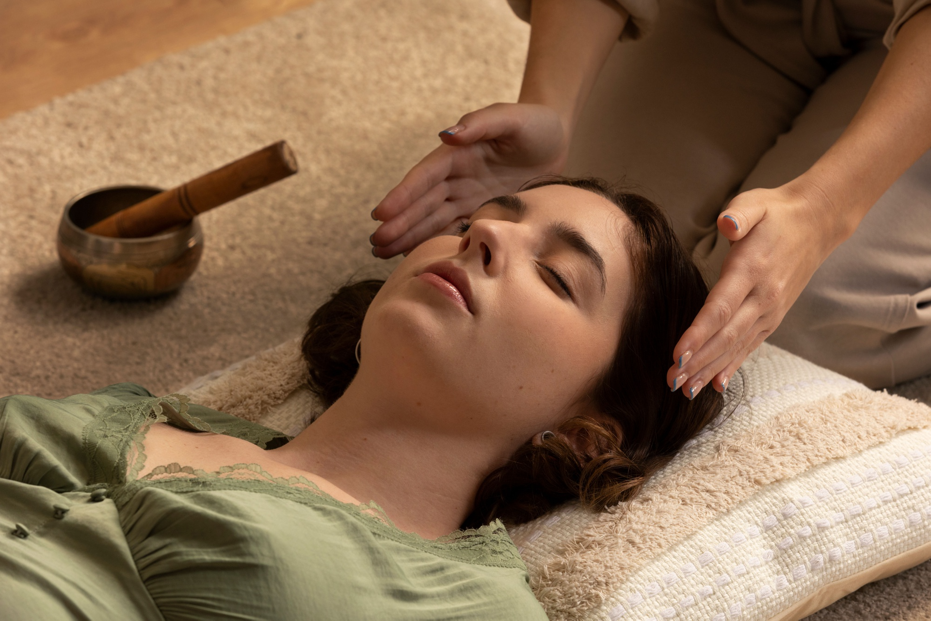 Person receiving treatment, with text