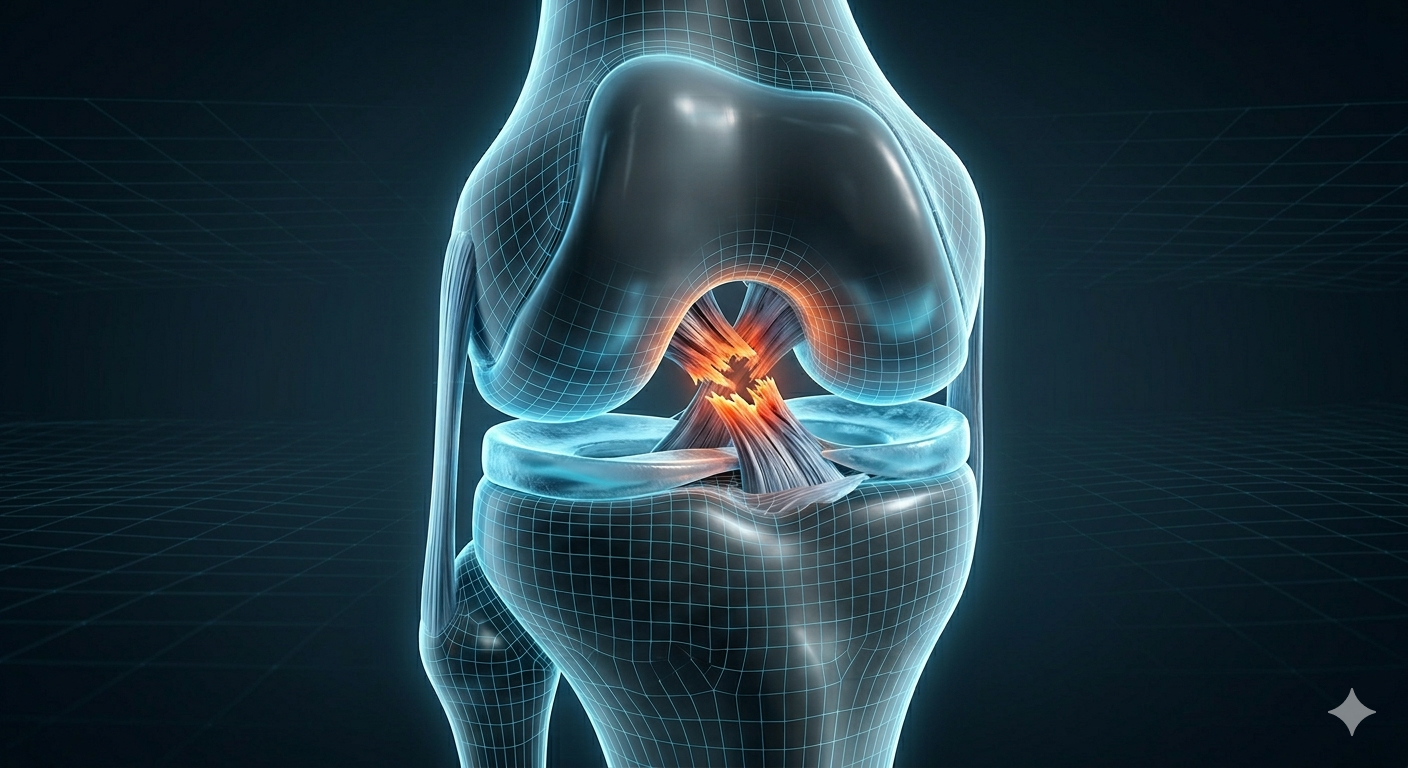 Ilustração médica 3D de uma articulação do joelho com inflamação em laranja