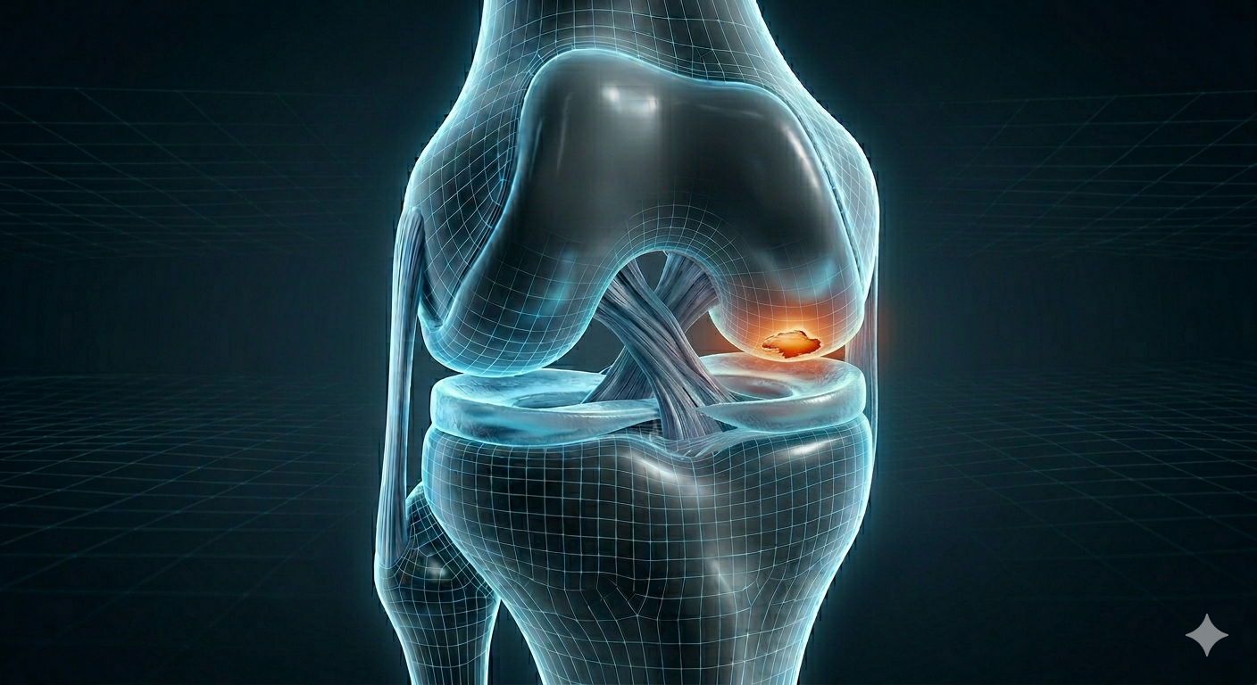 Imagem 3D brilhante da articulação do joelho com área destacada em laranja indicando dor ou inflamação.