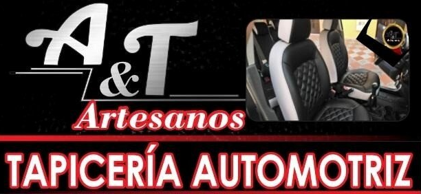 A logo for a company called a & t artesanos tapiceria automotriz