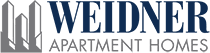 Weidner Apartment Homes logo with blue text and gray building silhouettes.