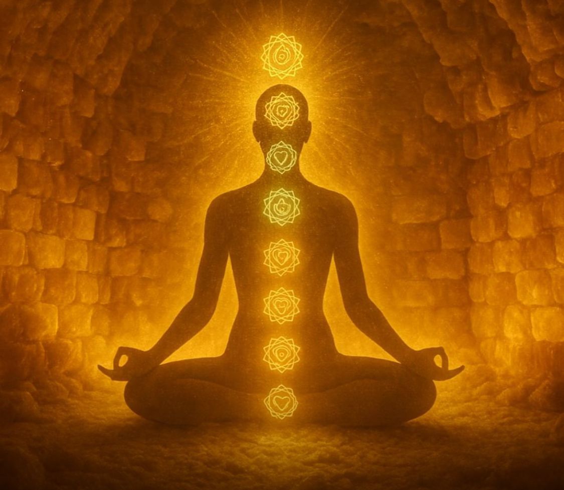 Die sieben Chakren gold leuchtend dargestellt auf Körper im Meditationssitz.