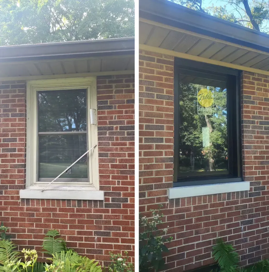 Brick house exterior with two windows, one white-framed and one black-framed, under a tree canopy