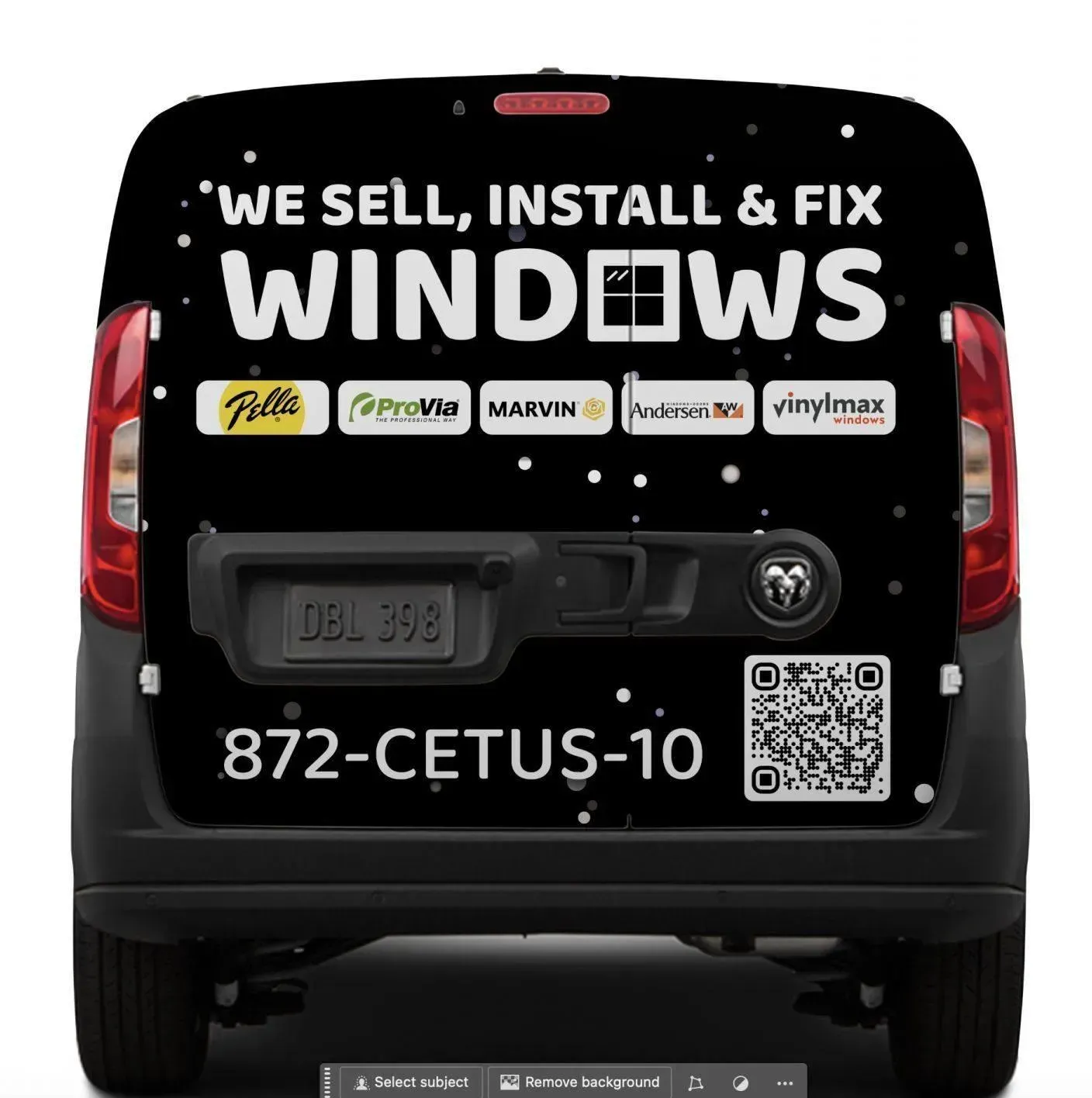 Black van rear advertises window installation and repair with company logos, phone number, and QR code