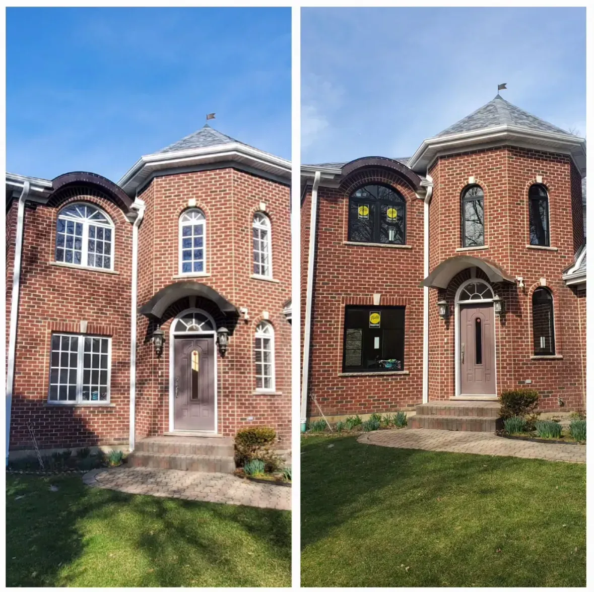 Split view of a red-brick house with arched doorway and windows, shown in two lighting conditions