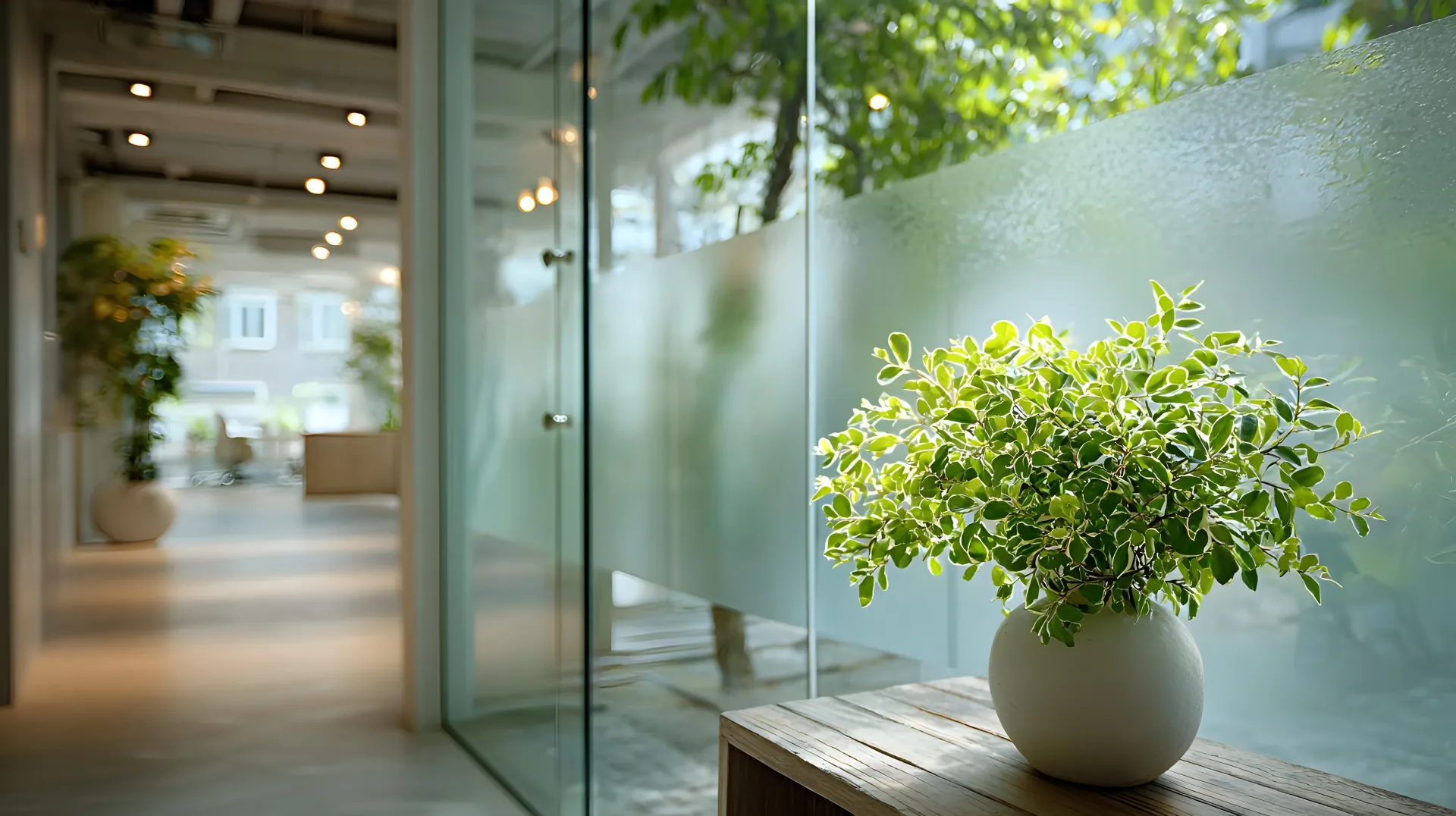 Potted green plant on a stone ledge beside a frosted glass wall in a bright office hallway