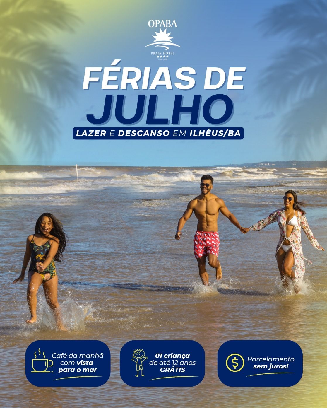Um homem e duas mulheres estão correndo na praia de mãos dadas.